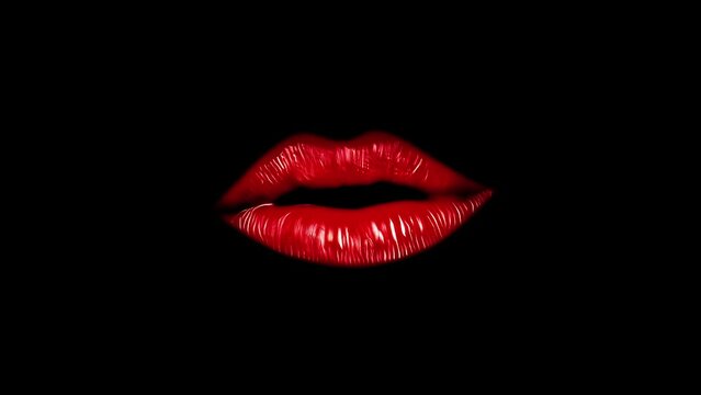 A pair of lips giving a kiss, similar images morphing into each other, isolated on a black background. Glowing cinematic effect.
