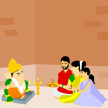 Vector of happy Indian family celebrating Ganapati Festival or Ganesha Chaturthi with traditional wear and performing pooja at home.