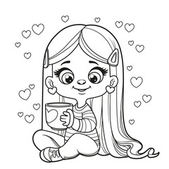 Cute cartoon long haired girl with big cup in hands sit on a white background outlined for coloring page