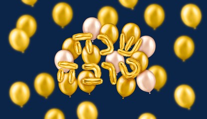 Happy Shana tova realistic golden balloon Hebrew inscription. happy and sweet new year.Rosh Hashanah greeting balloon letters postcard with lights and confetti on blue . Happy New Year. 3D