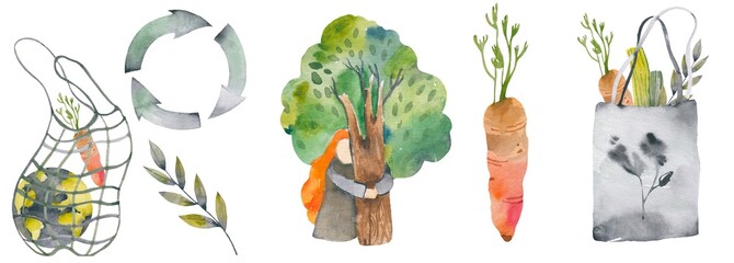 Eco watercolor illustration. Zero waste lifestyle. People sorting waste and use eco bag and reusable cup. Hand drawn elements of zero waste life. Eco-friendly character. No plastic. Flat isolated