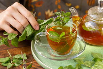 The girl puts mint in a cup of green tea. Healthy food, antioxidants.