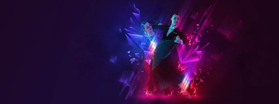 Poster, flyer with graceful young couple dancing ballroom dance over dark background with colorful neon elements. Art, music, dance style concept