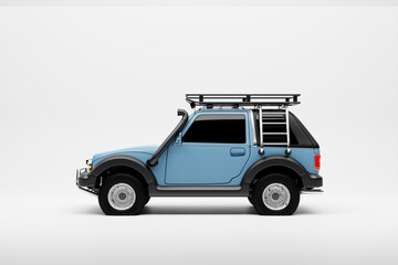 Blue  modern SUV prepared for safari on white  background - side view - 3D illustration