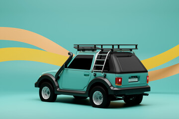 Blue  modern SUV prepared for safari on monochrome  background - back view - 3D illustration