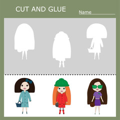 worksheet vector design, the task is to cut and glue a piece on  cute girls, dolls.  Logic game for children.