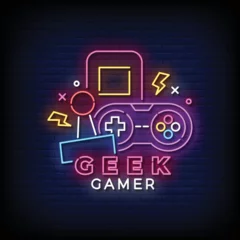 Fotobehang Neon Sign geek gamer with Brick Wall Background © bohlam