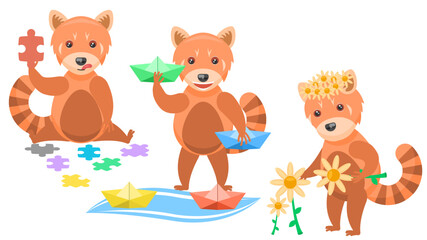 Set Abstract Collection Flat Cartoon Different Animal Red PandasPicking Flowers, Collects Puzzles, Launches Paper Boats In The Stream Vector Design Style Elements Fauna Wild