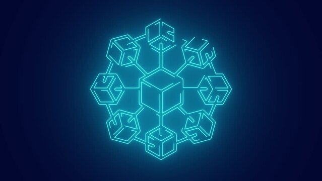 Block chain technology formation with cubes connecting towards a center cube