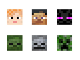 A set of colored square cartoon pixel heads isolated on a white background. A set of six character skins in the style of eight-bit games. Color pixel heads with a scary faces. Vector illustration