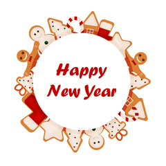 Christmas frame and gingerbread sweets.  Winter Round frame with Gingerbread cookies. Vector illustration.