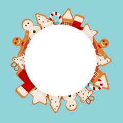 Christmas round frame with Gingerbread cookies. Vector.  Winer empty Frame with gingerbreads