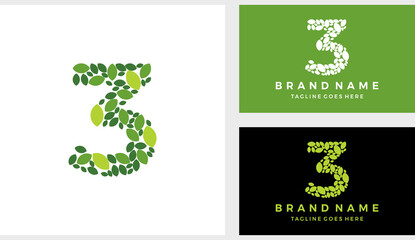 Number three 3 eco leaves logo icon vector
