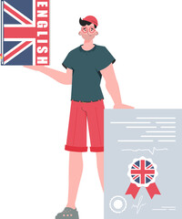 A man holds an English dictionary and a certificate in his hands. The concept of learning English. Isolated. trendy style. Vector illustration.