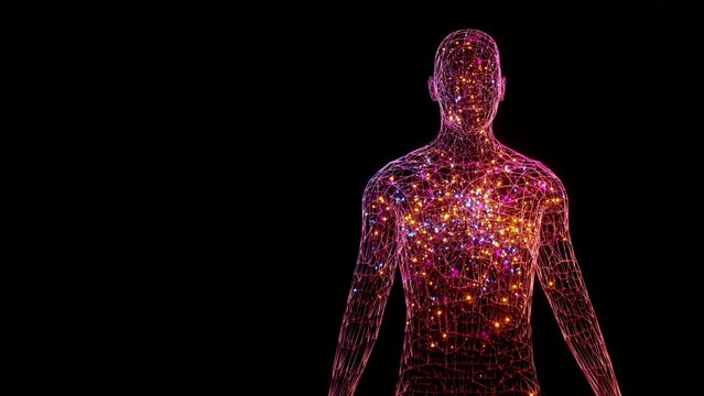 Animation of a wireframe male human body with particles inside with copy space. 3d rendering of sci fi technological cyborg and drug expansion inside the body of a man.