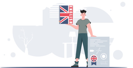 The concept of learning English. A man holds an English dictionary and a certificate in his hands. Trendy flat style. Vector.