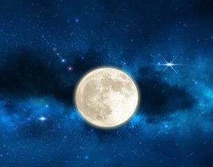 Naklejka na ściany i meble cosmic light star flares and starry night blue sky and big moon background 