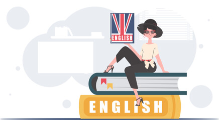 The concept of learning English. A woman sits on books and holds an English dictionary in her hands. Trendy cartoon style. Vector illustration.