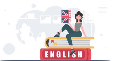 The concept of learning English. A woman sits on books and holds an English dictionary in her hands. Trendy cartoon style. Vector.
