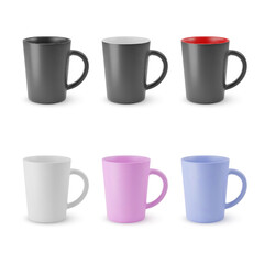 Illustration of Six Realistic Empty Ceramic Coffee Cup or Tea Mug on a White Backdrop. Mockup with Shadow Effect, and Copy Space for Your Design. For Web Design, and Printing