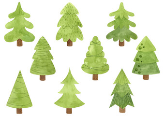Set Christmas tree. Watercolor christmas illustration isolated on white background