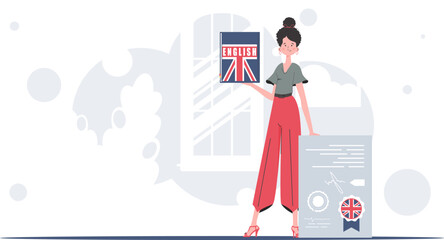 The concept of teaching English. A woman holds an English dictionary and a certificate in her hands. trendy style. Vector illustration.