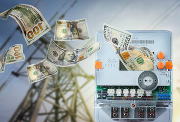 Electricity meters with flying dollar banknotes and high voltage tower outdoors at sunset. Paying...