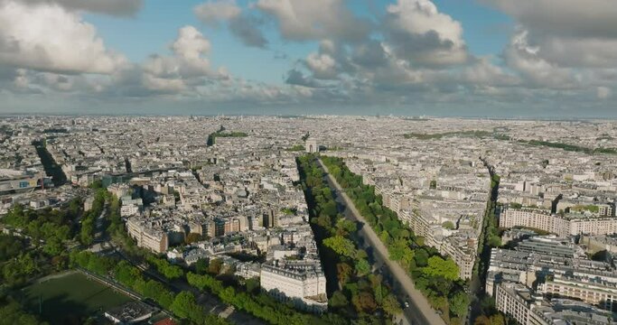 Aerial view. France, Paris Arc de Triomphe. Triumphal Arch in Champs Elysees. Summer day