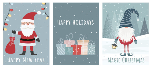 Set of Christmas and New Year greeting cards. Can be used for labels, congratulations, gift bag design, invitations, stickers.