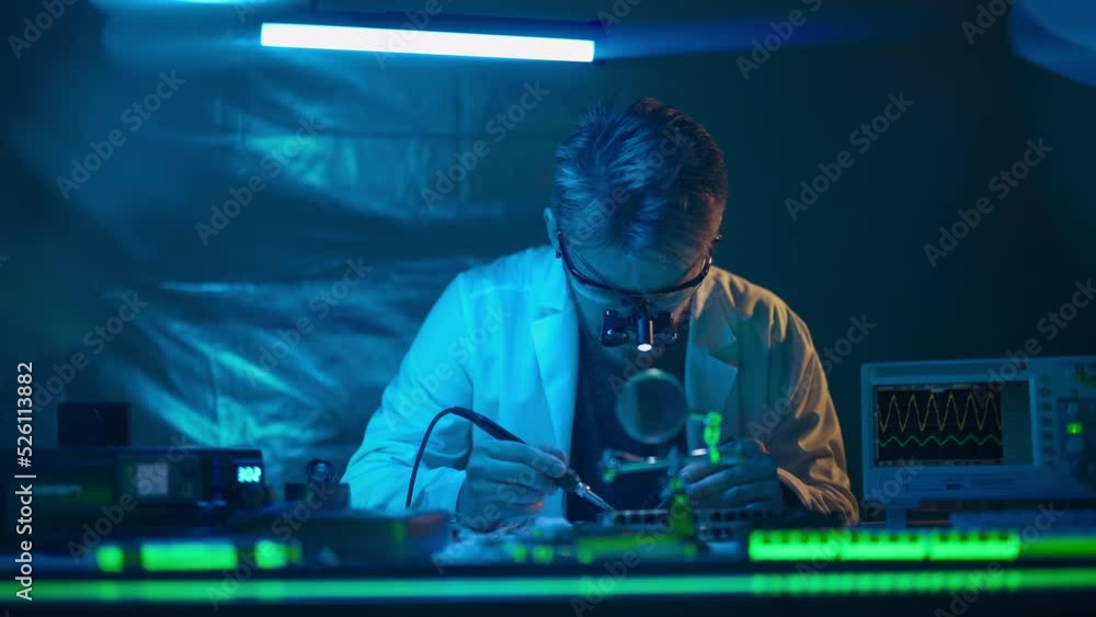 Aufkleber technician engineer developer is soldering iron pcb microcircuit electronic component though magnifi