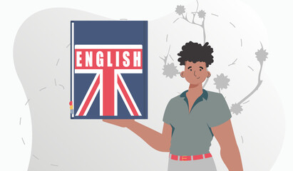 The concept of learning English. A man holds an English dictionary in his hands. trendy style. Vector.