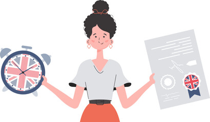 Woman teacher shows that it's time to learn English. The concept of learning English. Isolated. Trendy cartoon style. Vector.