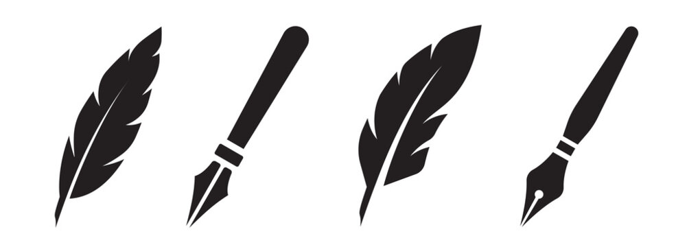 Set Fountain pen icon, logo. Feather quill pen logo. Fountain pen simple silhouette. Vector illustration