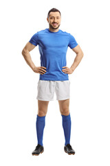 Soccer player in a blue top and white shorts