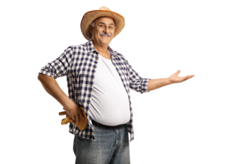 Smiling mature farmer holding something imaginary with hand