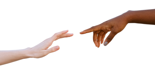 Black and white human hands reaching towards each other isolated