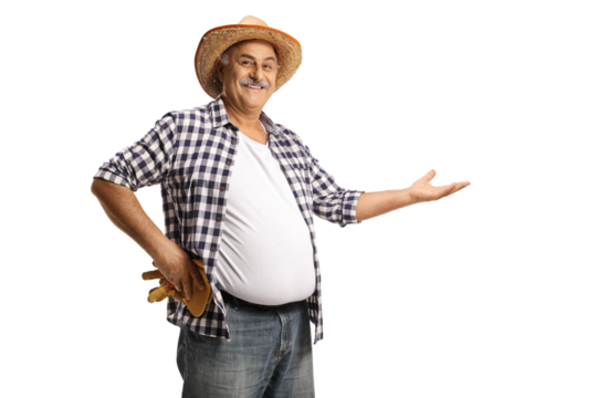 Smiling mature farmer holding something imaginary with hand - Powered by Adobe