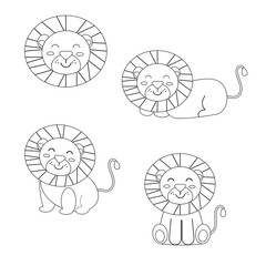 Set of cartoon lions boho outline. Vector illustration