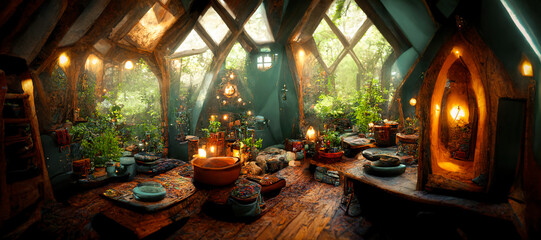 Obraz premium Spectacular picture of interior of a fantasy medieval cottage, full with plants furniture and enchanted light. Digital art 3D illustration.