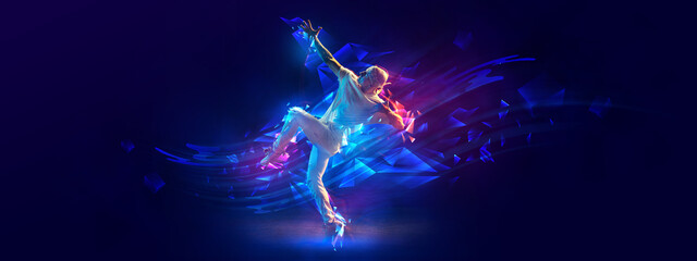 Energy. Flyer with young stylish man, breakdanc dancer in motion over dark background with neon colorful elements. © master1305