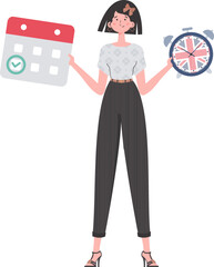 Woman teacher shows that it's time to learn English. The concept of teaching English. Isolated. Trendy cartoon style. Vector.