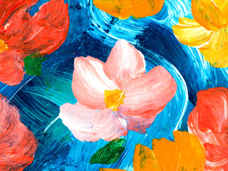 Fototapeta na wymiar Abstract flowers, painting red and yellow original hand drawn, impressionism style, color texture, brushstrokes of paint, art background.
