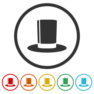 Top hat icon. Set icons in color circle buttons