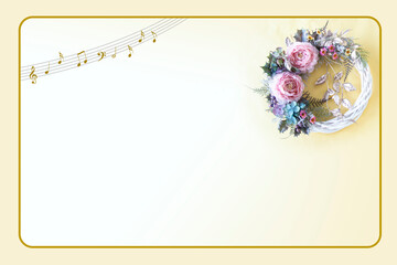 ピンクのラナンキュラスとターコイズブルーのアジサイと金色の葉のリースと楽譜・フレーム（白バック）