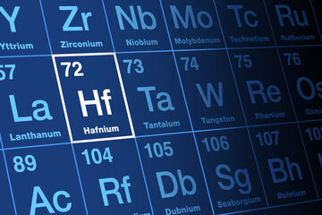 Hafnium, on periodic table. Transition metal and rare earth element, with symbol Hf, from Latin name hafnia, for Copenhagen. Atomic number 72. Used in filaments, electrodes and in some superalloys.