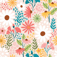Colorful Flowers Seamless Pattern in hand drawn style and pastel color
