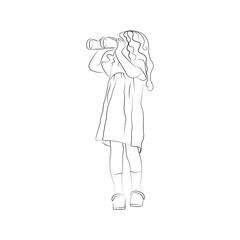 A girl with binoculars looks into the distance.  Contour black and white