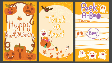 Greeting card Halloween day with text " Happy Halloween" , "Trick or Treat" , "Peek a boo". Orange card with Halloween Theme.