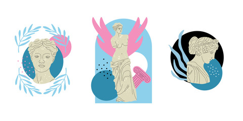 Naklejka premium Antique marble statue. Greek or roman sculptures, gods and goddesses. Hand drawn body parts and faces with texture, Classic statues abstract contemporary poster or print vector cartoon flat set
