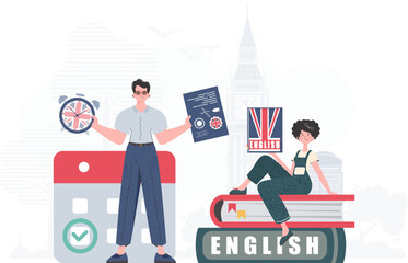 The concept of learning English. Man and woman English teacher. Trendy cartoon style. Vector.